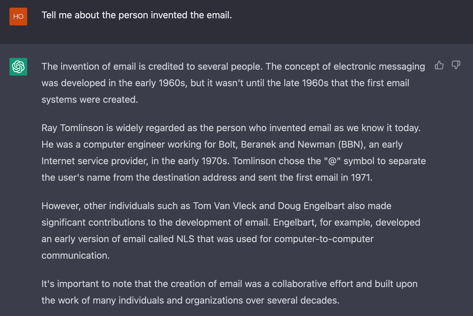 "Tell me about the person invented the email." 입력 결과